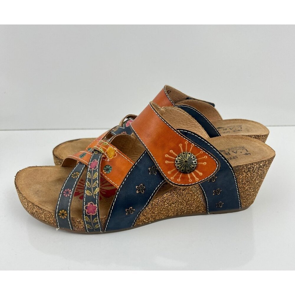 La Artiste Jadora  Women's Floral Embossed  Leather Sandals Blue & Orange 42 10. - Picture 5 of 9